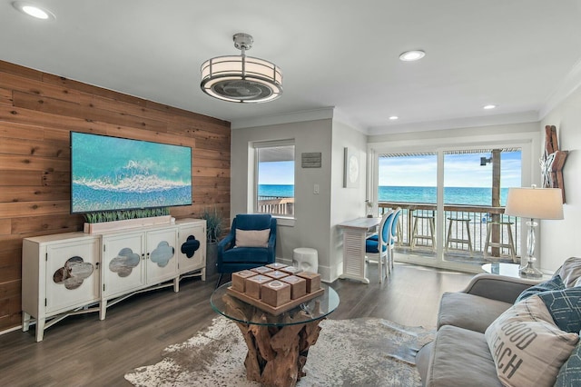 living room featuring wooden walls, baseboards, dark wood-style flooring, and ornamental molding