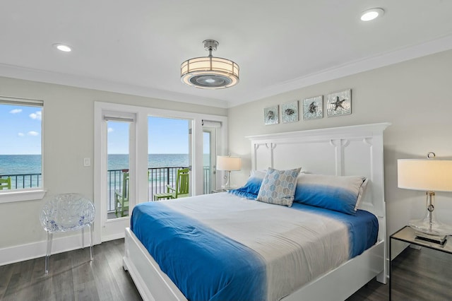 bedroom featuring dark wood-style floors, a water view, access to exterior, and ornamental molding