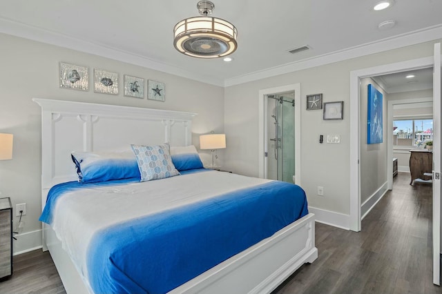 bedroom with visible vents, baseboards, and ornamental molding