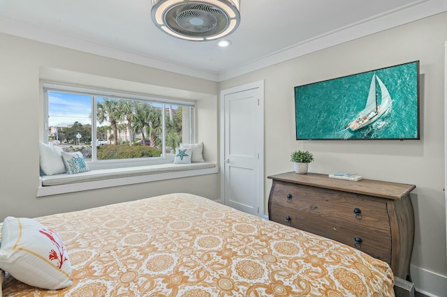 bedroom with visible vents, recessed lighting, and ornamental molding