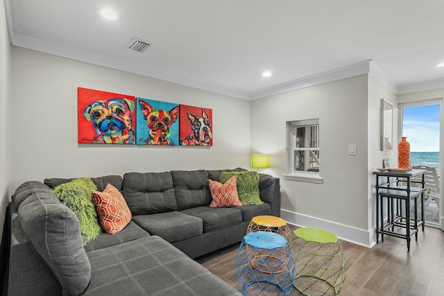 living area with visible vents, baseboards, wood finished floors, and ornamental molding