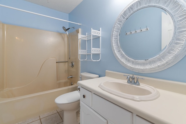 full bath featuring toilet, a textured ceiling, tile patterned flooring, bathtub / shower combination, and vanity