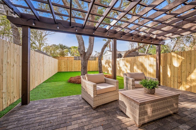 wooden deck with an outdoor hangout area, a lawn, a fenced backyard, and a pergola