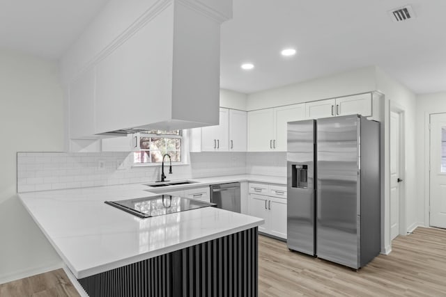 kitchen with a sink, appliances with stainless steel finishes, a peninsula, and white cabinets