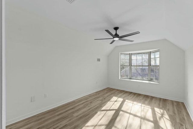 bonus room with visible vents, wood finished floors, baseboards, lofted ceiling, and ceiling fan