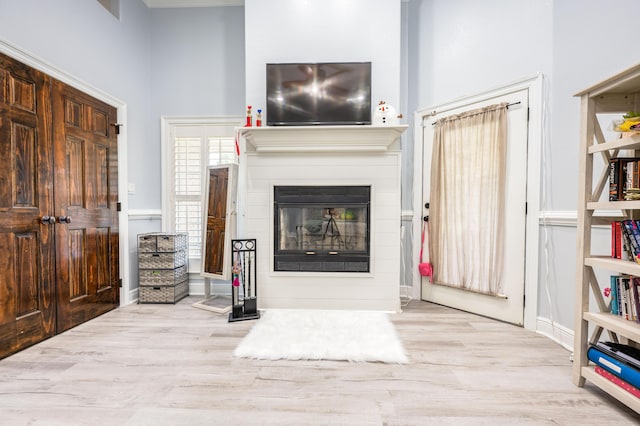 living area with a glass covered fireplace, a high ceiling, and wood finished floors