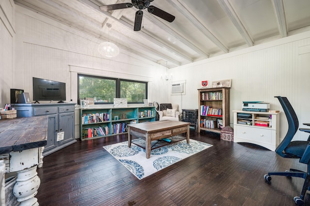 office area featuring vaulted ceiling with beams, a ceiling fan, and wood-type flooring