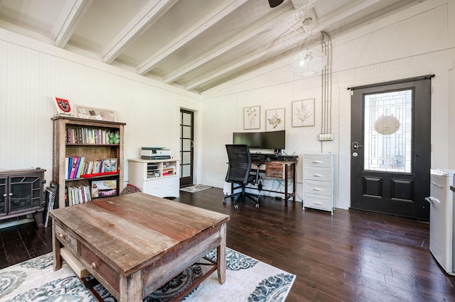 home office with lofted ceiling with beams and hardwood / wood-style flooring