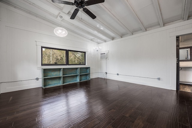 unfurnished living room with ceiling fan with notable chandelier, wood finished floors, a wall unit AC, baseboards, and vaulted ceiling with beams