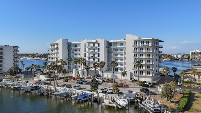 view of building exterior with a water view