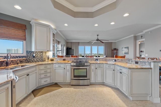 kitchen featuring electric range, ornamental molding, a ceiling fan, and a sink