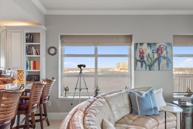 living area with baseboards, a healthy amount of sunlight, and crown molding