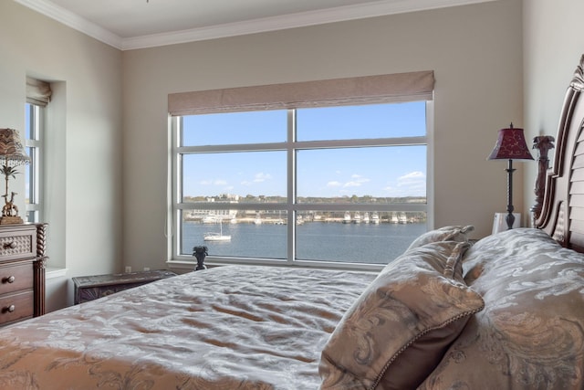 bedroom featuring multiple windows, a water view, and ornamental molding