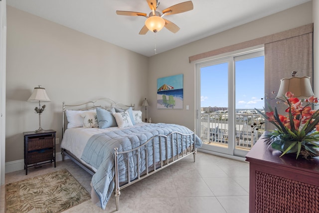 tiled bedroom with access to outside, baseboards, and ceiling fan