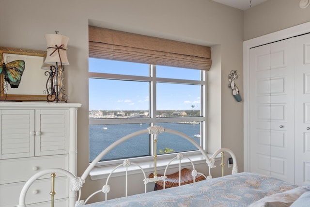 bedroom with a closet and a water view