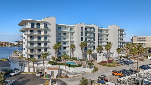 view of building exterior featuring a water view