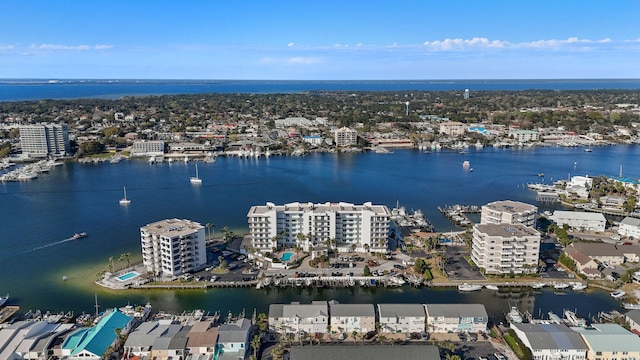 aerial view with a city view and a water view