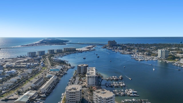 bird's eye view featuring a water view and a view of city