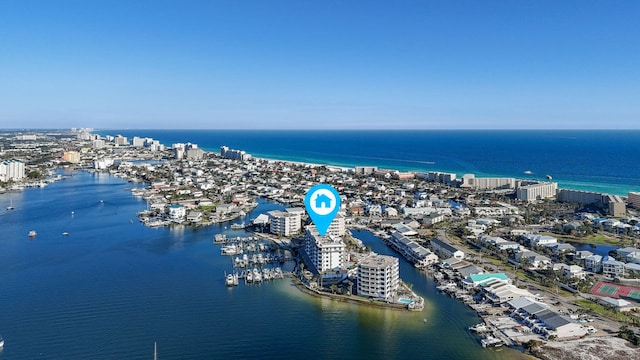 aerial view with a view of city and a water view