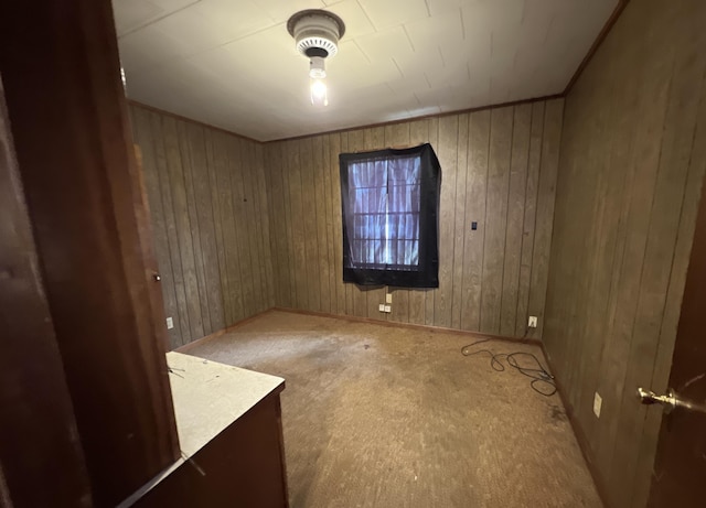 unfurnished room with carpet and wood walls