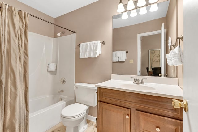 bathroom featuring vanity, tile patterned floors, shower / tub combo, and toilet