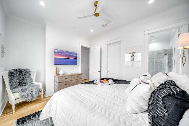 bedroom featuring light wood-style flooring, recessed lighting, baseboards, and ornamental molding