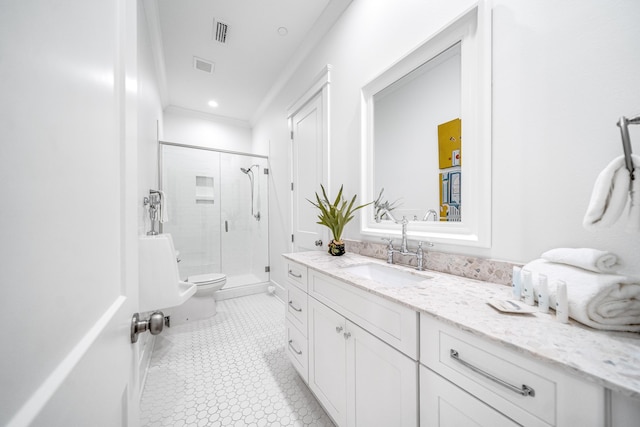 bathroom with visible vents, a shower stall, crown molding, toilet, and vanity