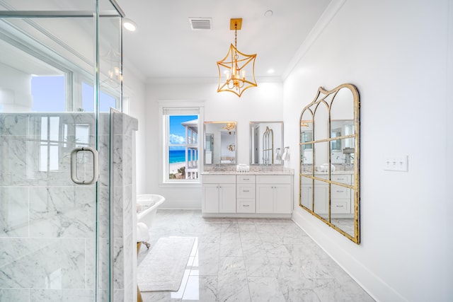 bathroom with marble finish floor, a stall shower, baseboards, and ornamental molding