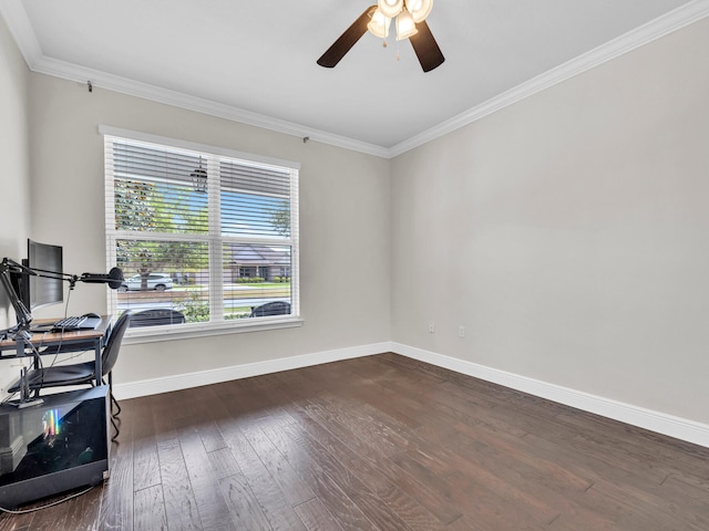 office with dark wood-type flooring, crown molding, ceiling fan, and baseboards