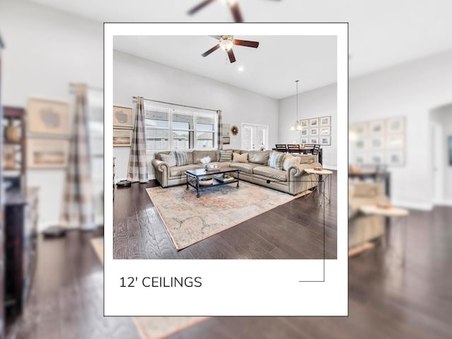 living room featuring recessed lighting, a ceiling fan, and wood finished floors
