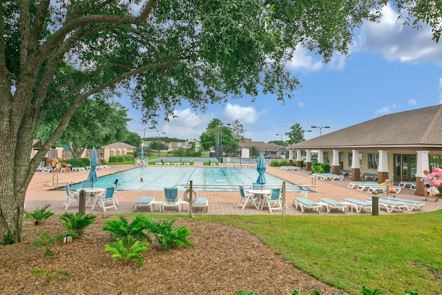 pool featuring a patio, fence, and a lawn