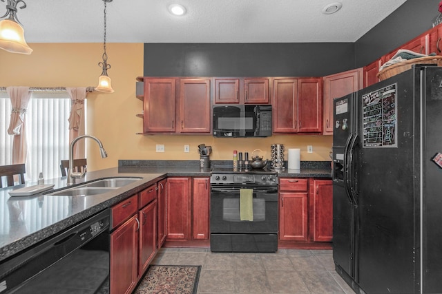 kitchen with open shelves, a sink, black appliances, dark brown cabinets, and pendant lighting