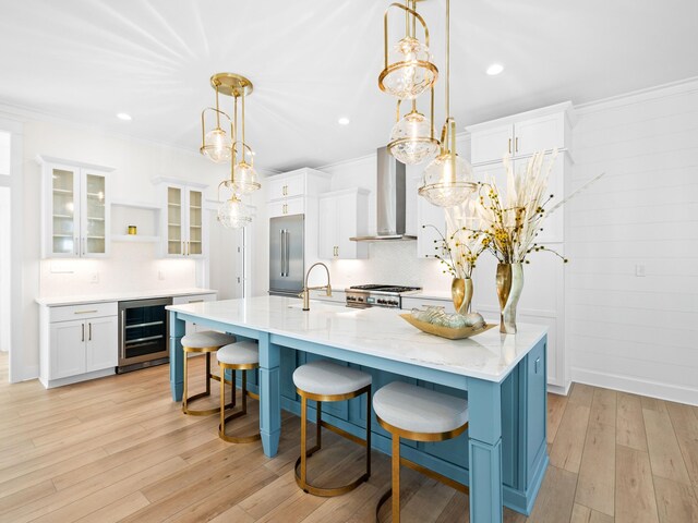 375 Morgans Trl, Santa Rosa Beach, FL 32459 - kitchen featuring open shelves, wine cooler, wall chimney range hood, white cabinets, and premium appliances