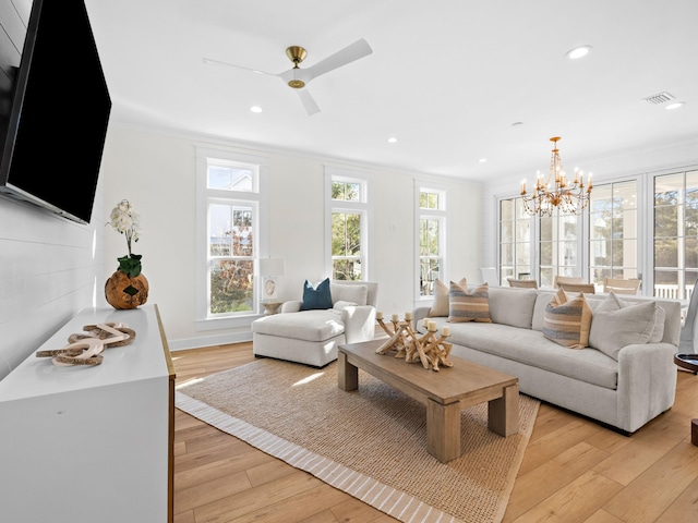 375 Morgans Trl, Santa Rosa Beach, FL 32459 - living area with visible vents, light wood-type flooring, recessed lighting, and crown molding