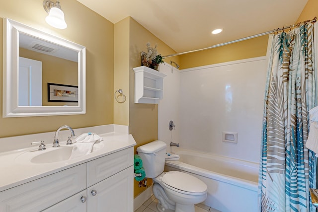 bathroom with visible vents, toilet, tile patterned floors, vanity, and shower / bathtub combination with curtain