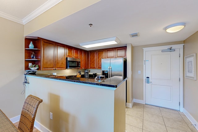 kitchen featuring visible vents, open shelves, stainless steel appliances, a peninsula, and light tile patterned flooring