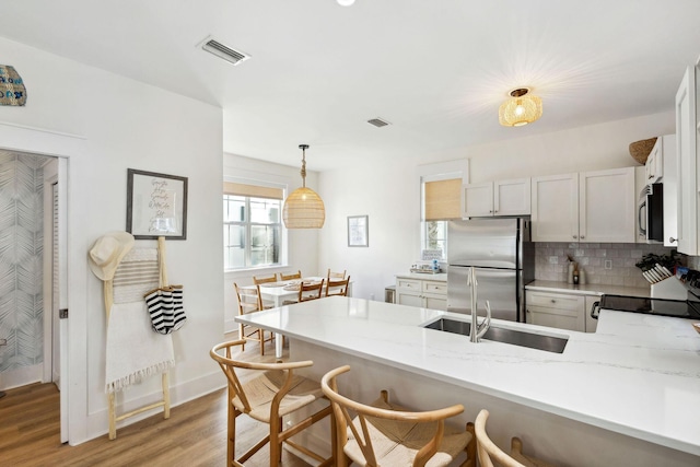 198 Somerset Bridge Rd Unit 120, Santa Rosa Beach, FL 32459 - kitchen with tasteful backsplash, visible vents, a peninsula, stainless steel appliances, and a sink