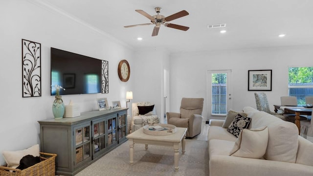 33 Spoonbill Rd, Santa Rosa Beach, FL 32459 - living room with visible vents, recessed lighting, crown molding, and ceiling fan