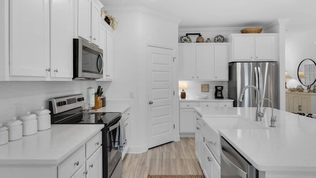 33 Spoonbill Rd, Santa Rosa Beach, FL 32459 - kitchen with light wood finished floors, a sink, stainless steel appliances, crown molding, and light countertops