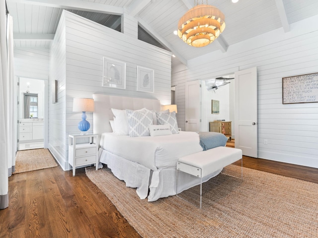 223 Western Lake Dr, Santa Rosa Beach, FL 32459 - bedroom featuring vaulted ceiling with beams, wood finished floors, and wooden walls