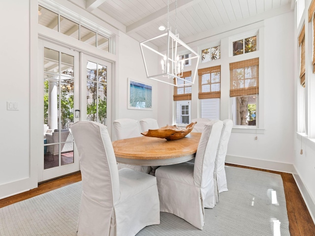 223 Western Lake Dr, Santa Rosa Beach, FL 32459 - dining area with wooden ceiling, wood finished floors, baseboards, beamed ceiling, and an inviting chandelier