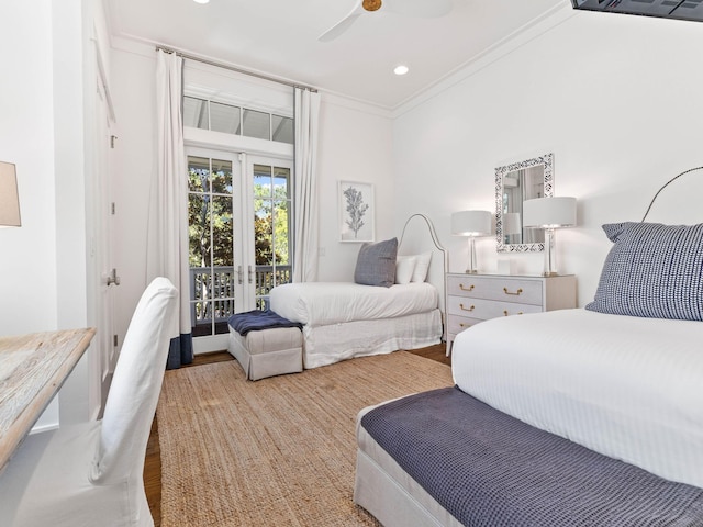 223 Western Lake Dr, Santa Rosa Beach, FL 32459 - bedroom featuring ornamental molding, access to outside, ceiling fan, recessed lighting, and wood finished floors