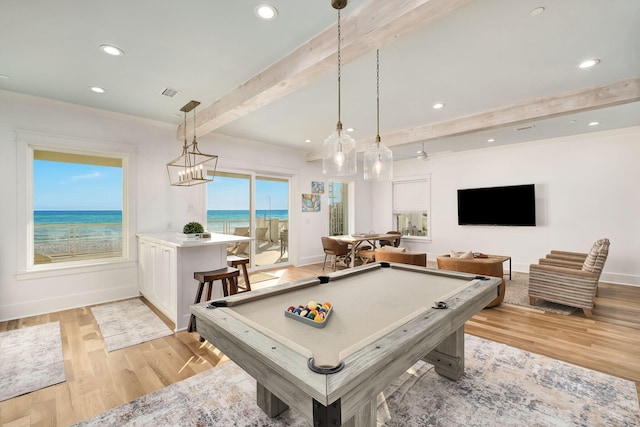 recreation room with beamed ceiling, visible vents, pool table, light wood finished floors, and baseboards
