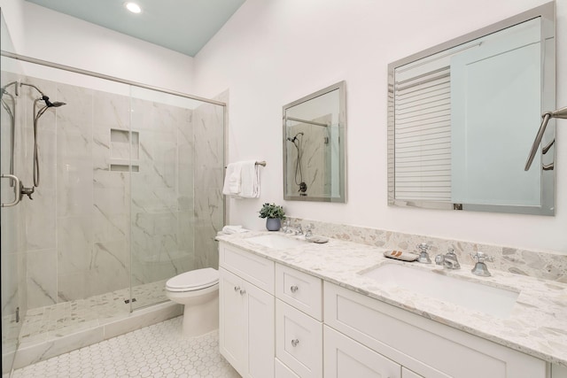 full bath with a sink and a marble finish shower
