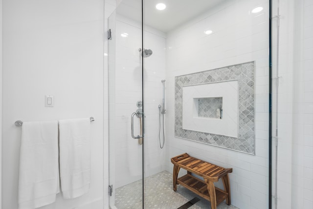 bathroom featuring a shower stall and recessed lighting