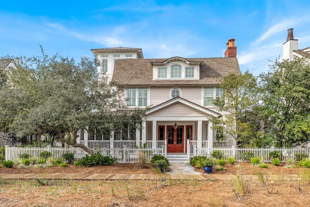 view of front facade featuring french doors, a porch, fence, and a chimney