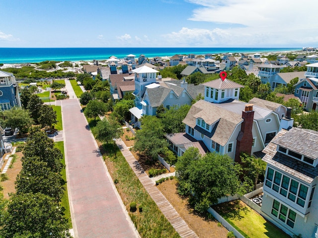 aerial view featuring a water view and a residential view