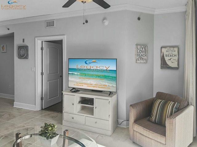 living area featuring light tile patterned flooring, visible vents, a ceiling fan, and ornamental molding