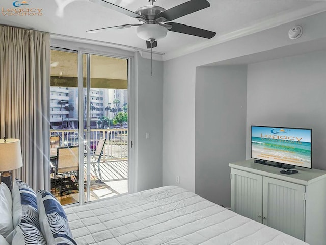 bedroom featuring crown molding, a ceiling fan, and access to outside