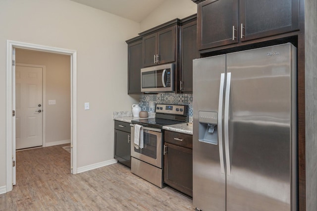 3362 Peeble Dr, Crestview, FL 32539 - kitchen with appliances with stainless steel finishes, dark brown cabinetry, light wood finished floors, and backsplash